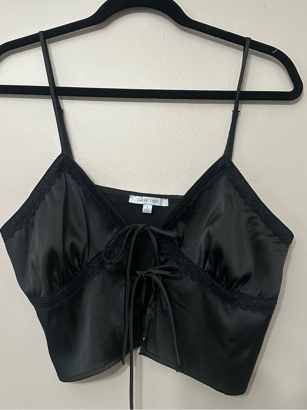 Love Tree Black Satin Lace-Trim Tie-Front Bandeau Cami